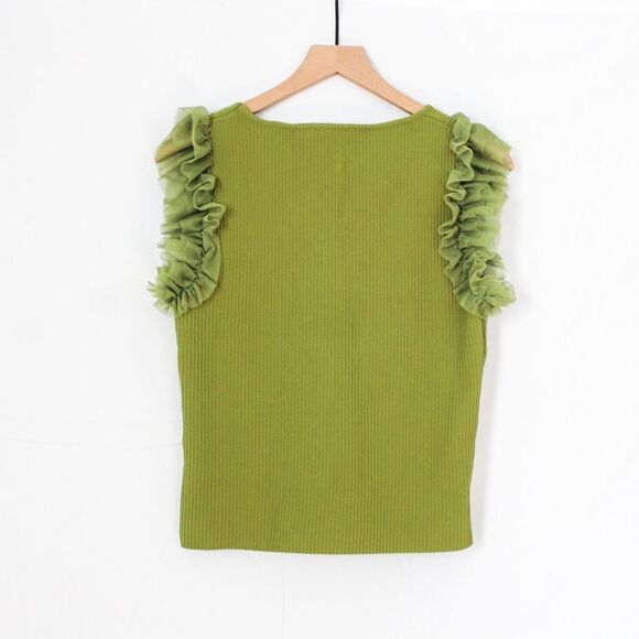 Bailey 44 Green Ribbed Tank Top Tulle Ruffle Shoulder Detail Large - Picture 7 of 7
